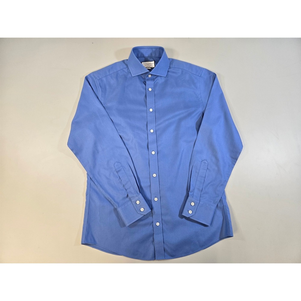 Charles Tyrwhitt‎ Mens Slim Fit Non-Iron Dress Shirt Blue 15.5 34 Cotton Twill